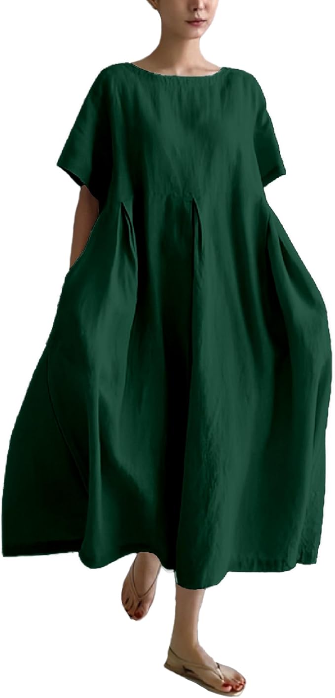 MARSVOVO Patchwork Flowy Dresses for Women Plus Size Loose Casual Tunic Dress Elegant Crewneck Maxi Dresses with Pockets