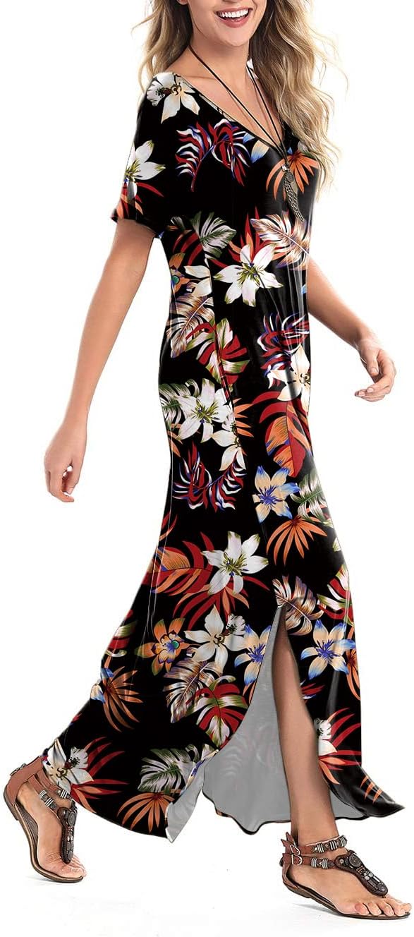 Arolina Women's Summer Maxi Dress Short Sleeve V Neck Casual Loose Long Beach Split Dresses with Pockets