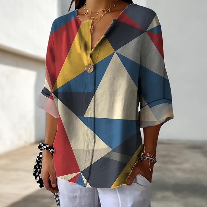 Long Sleeve Shirts for Women V Neck Button Boho Graphic Blouses Casual Collared Fashion Summer Flowing Tops