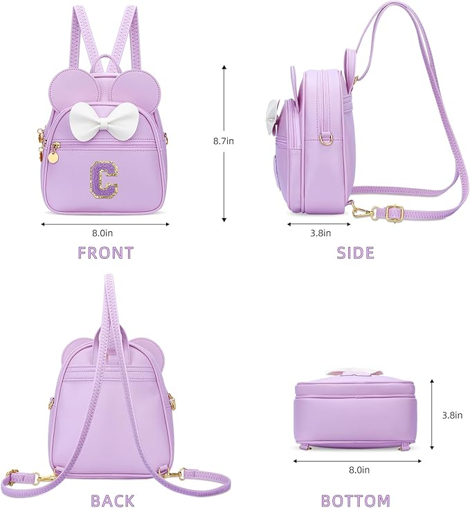 KKXIU Girls Initial Bowknot Cute Mini Backpack for Toddler, Travel Small Girl Backpacks, Personalized Valentine's Day Gifts for Little Girls and Kids(C, Purple)