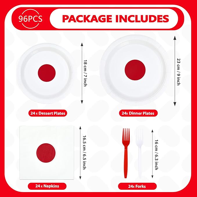 Greencian 96Pcs Japan Flag Party Decorations Hibachi Asian Japanese Style Plates and Napkins Hinomaru Flag Tableware Set for Japan Themed Party Supplies，Serves 24