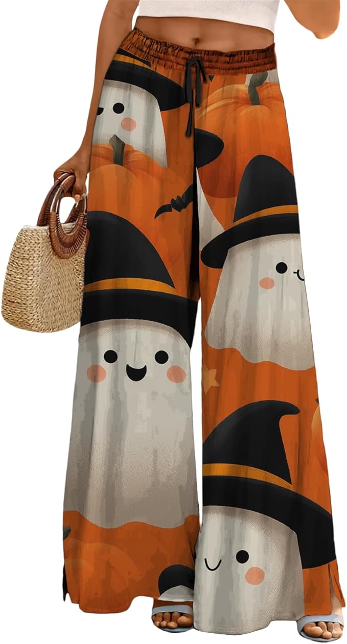 domirica Halloween Pants Women Drawstring Elastic Waist Wide Leg Pants Ladies Pumpkin Ghost Pajama Vintage Street Wear