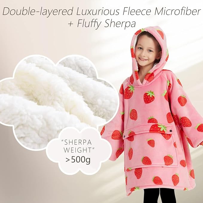 KFUBUO Wearable Blanket Hoodie for Kids Sherpa Patterns Oversized Sweatshirt Blanket With Pocket 6-10 Year Old Girl Cute Hoodies Gift Strawberry