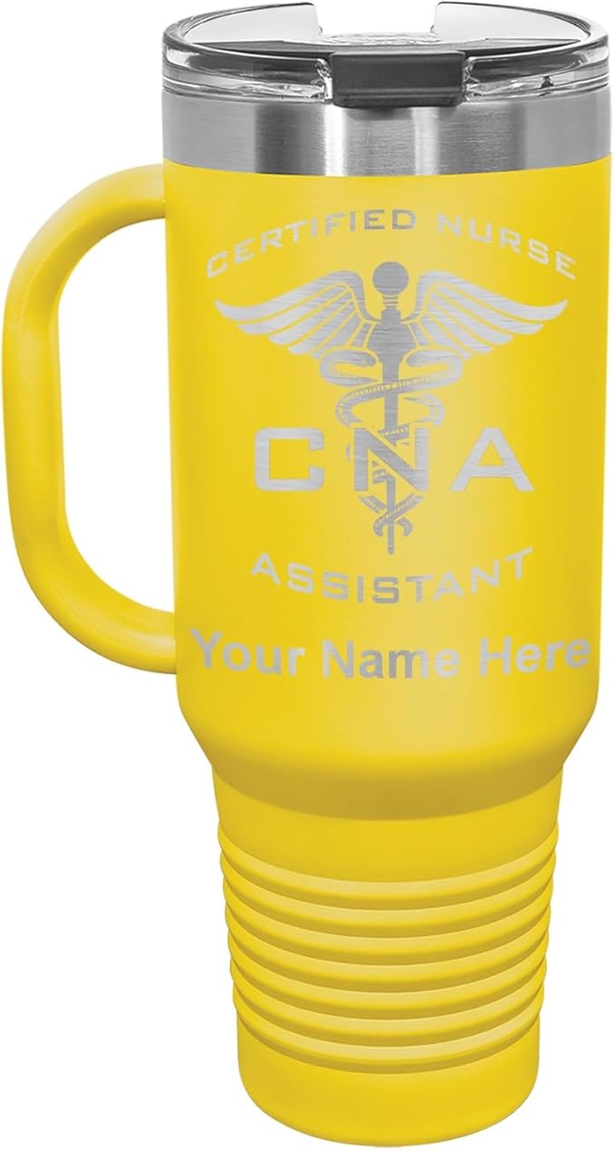 LaserGram 40oz Vacuum Insulated Travel Mug with Handle, CNA Certified Nurse Assistant, Personalized Engraving Included (Yellow)