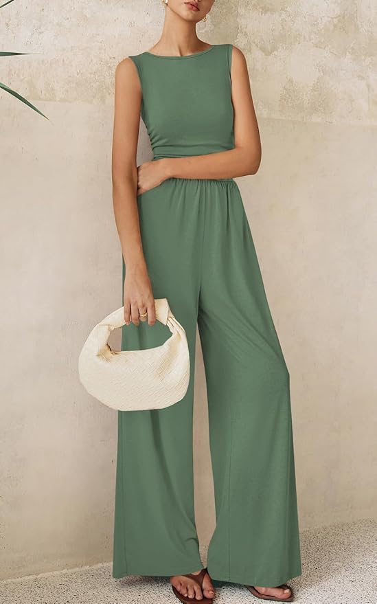 PRETTYGARDEN One Piece Jumpsuits for Women Dressy Casual Sleeveless Crewneck Wide Leg Rompers Jumpers Vacation Summer Outfits