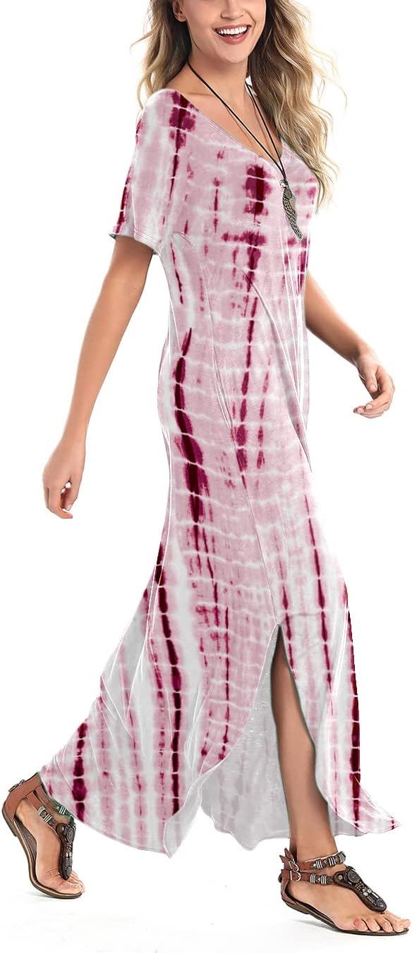 Arolina Women's Summer Maxi Dress Short Sleeve V Neck Casual Loose Long Beach Split Dresses with Pockets