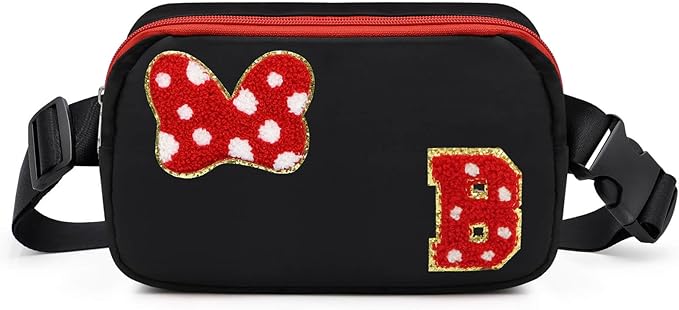Chenille Initial Letter Bow Mouse Fanny Pack, Waterproof Park Crossbody Bag Christmas Birthday Gifts for Teen Girls Daughter Women Kids Adults, Cute Belt Bag Must Haves for Park Travel (B, Black)