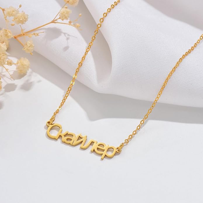 Unisota Personalized Name Necklace in 9 Diferent Languages Custom English Chinese Arabic Greek Hebrew Japanese Korean Russian Hindi Name Pendant Necklace Jewelry Gifts for Women Wife Mom