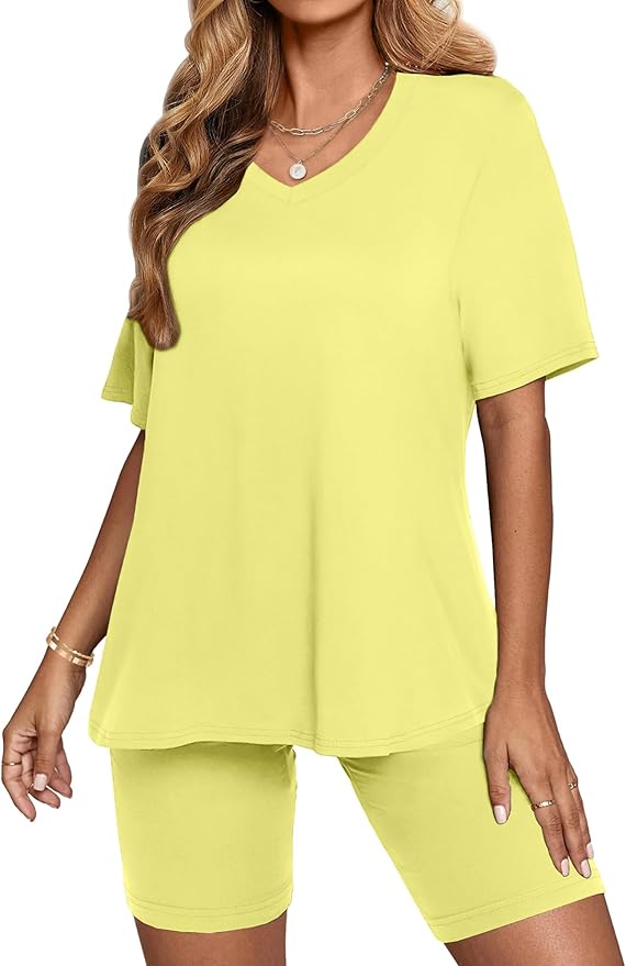 AGSEEM Two Piece Outfits For Women Summer V Neck T-Shirt Tops Biker Shorts Workout Sports Tracksuit