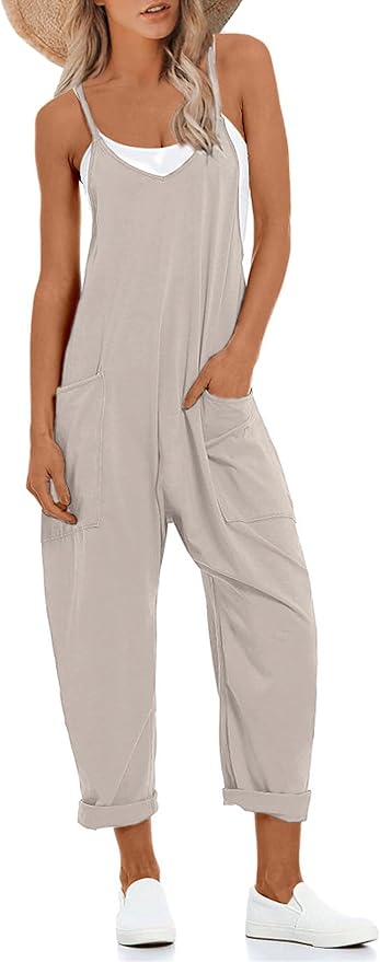 Lentta Women's Causal Jumpsuits V Neck Sleeveless Harem Overalls Stretchy Adjustable Strap Romper with Pockets