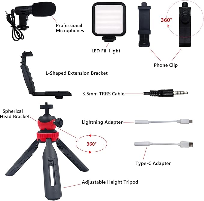Vlogging Kit for iPhone Android Accessories, with Phone Mount, Tripod, LED Light, Microphone to One-Hand Operate Video Calling, Vlogging, YouTube, Instagram, Tiktok