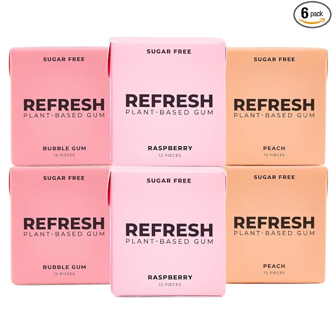 Refresh Gum, Sugar Free, Natural, Xylitol, Long Lasting Chewing Gum, Natural Flavors, Organic Ingredients, Plastic Free, Non GMO, Gluten Free, Vegan (12 Count (Pack of 6), Fruit Variety)