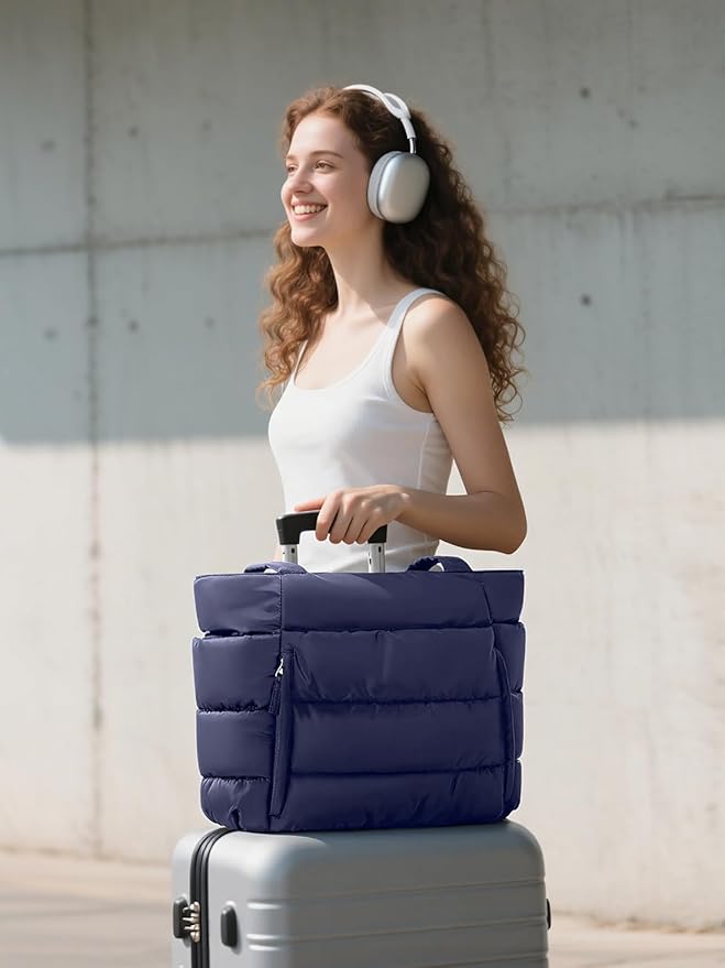 Puffer Tote Bag for Women, Lightweight Puffy Work Handbag Teacher Nurse Quilted Shoulder Bag for School Travel Gym | Quilted, with Zipper, Daily Carry On Bags, Comfy College Bags, 15.6" Laptop Sleeve, Cup Holder Pocket, Portable, Spacious