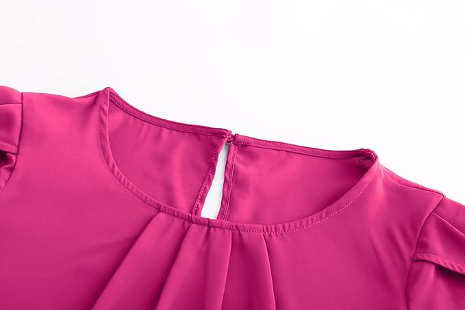 TASAMO Women's Casual Round Neck Basic Pleated Top Cap Sleeve Curved Keyhole Back Chiffon Blouse
