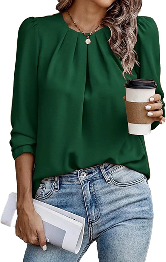 Samefar Womens Tops Dressy Casual Pleated Crew Neck Long Sleeve Shirts Office Work Chiffon Blouses