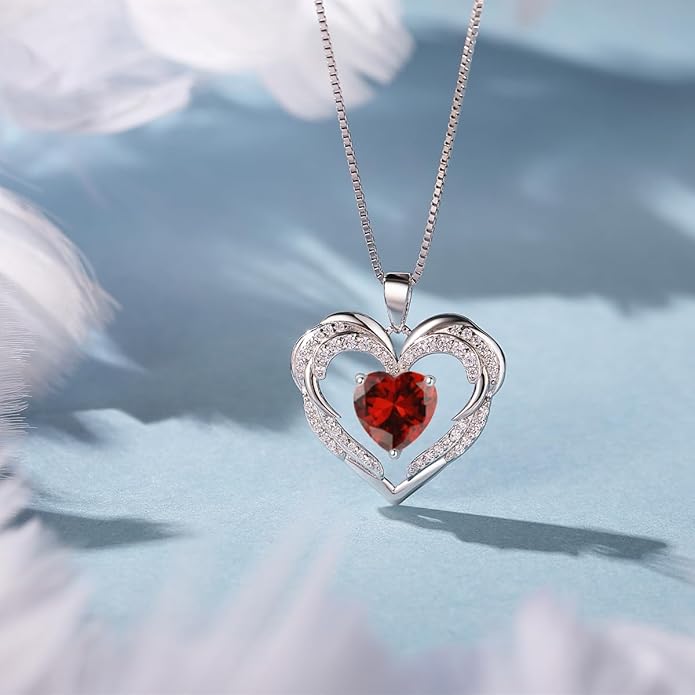 Jurikko Heart Necklaces Valentine's Gift for Women, Birthstone 925 Sterling Silver Angel Wings Love Pendant Necklaces for Women, Jewelry Gifts for Wife, Anniversary, Mother's day