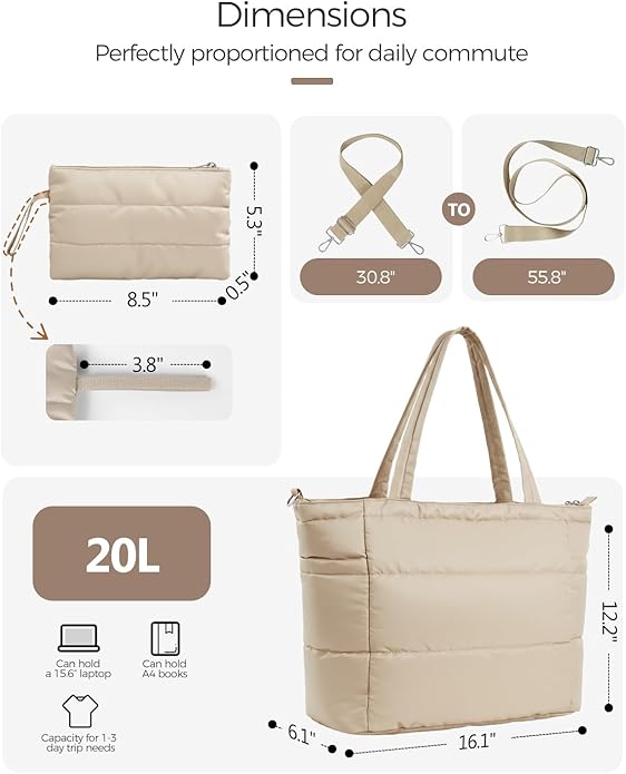 Moyad Puffy Tote Bag for Women with Zipper, Lightweight Quilted Bags Shoulder Handbag for Work, Travel, Gym, Nurse, Teacher