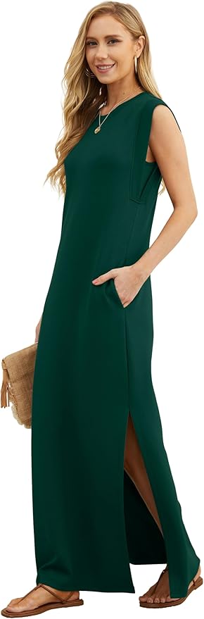 GRECERELLE 2026 Women Year-Round Casual Round Neck Loose Split Wrinkle-Free Long Maxi Vacation Dress with Pockets (XXS-4XL)