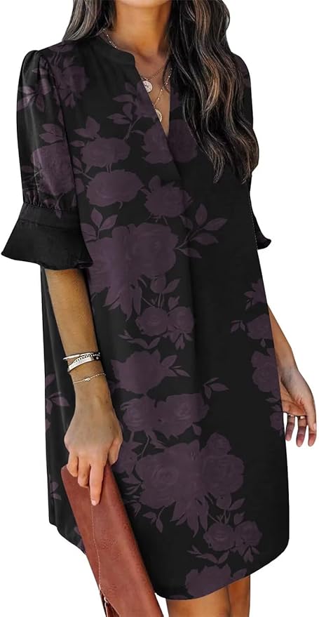 QACOHU Summer Dresses for Women V Neck Ruffle Short Sleeve Casual Shift Dress