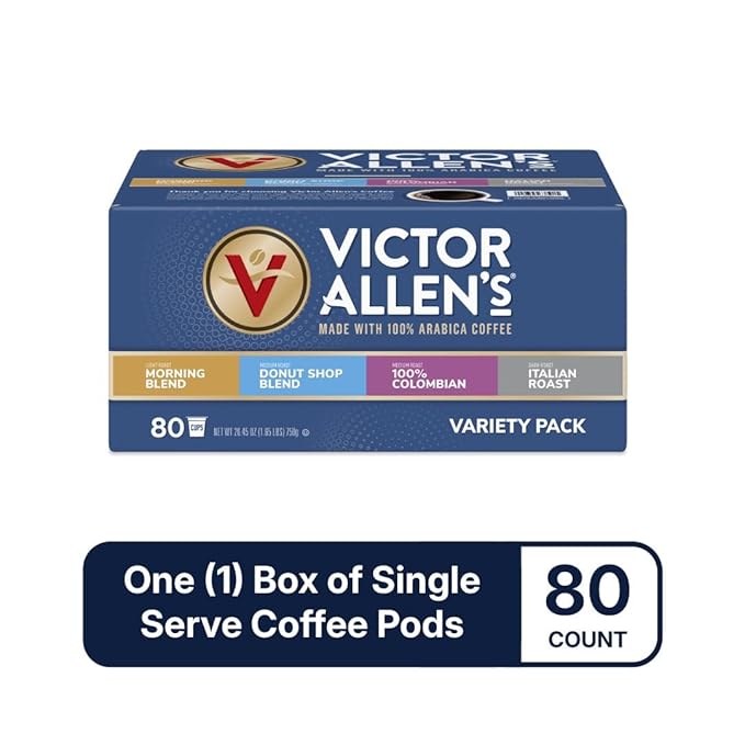 Victor Allen's Coffee Variety Pack (Morning Blend, 100% Colombian, Donut Shop Blend, and Italian Roast), 80 Count, Single Serve Coffee Pods for Keurig K-Cup Brewers
