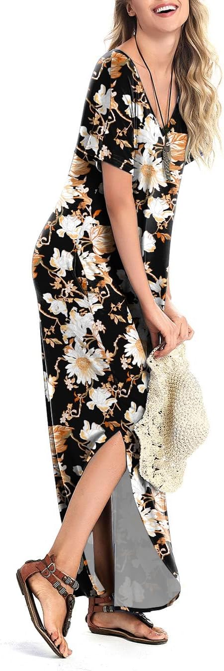 Arolina Women's Summer Maxi Dress Short Sleeve V Neck Casual Loose Long Beach Split Dresses with Pockets
