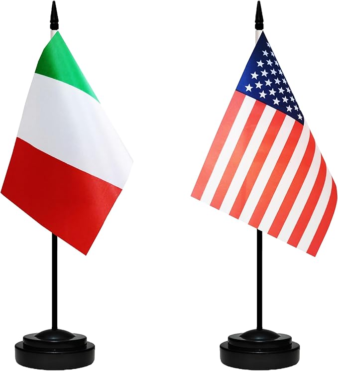 USA American & Italy Italian Desk Flags, US Italy Table Flag, Small Mini Miniature Italian and US Desktop Flag With 13" Solid Black Pole, Black Base