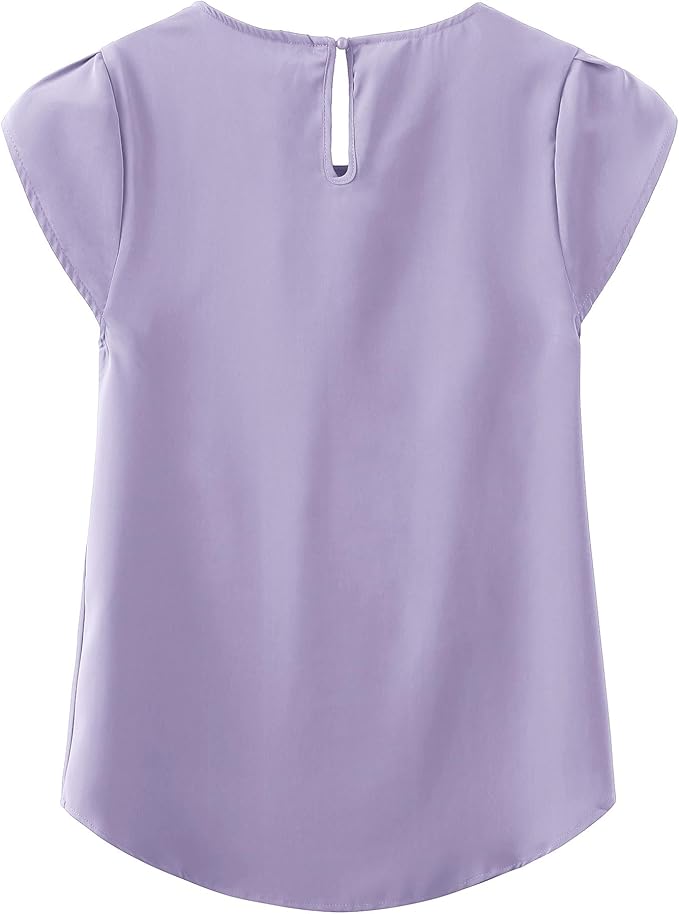 TASAMO Women's Casual Round Neck Basic Pleated Top Cap Sleeve Curved Keyhole Back Chiffon Blouse