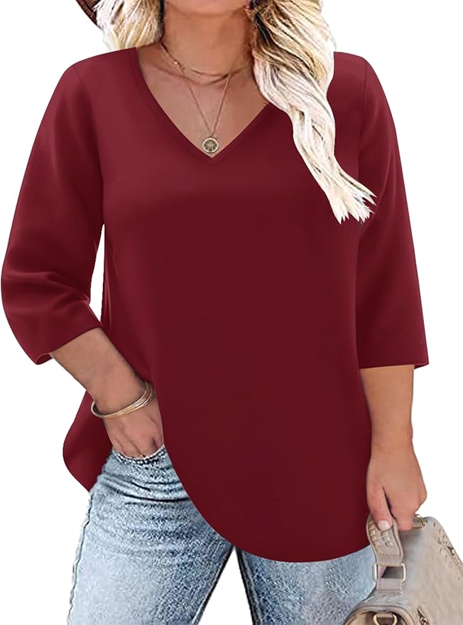 TFSDOD Womens Plus Size Tops V Neck T Shirts 3/4 Sleeve Blouse Summer Casual Tees XL-5X