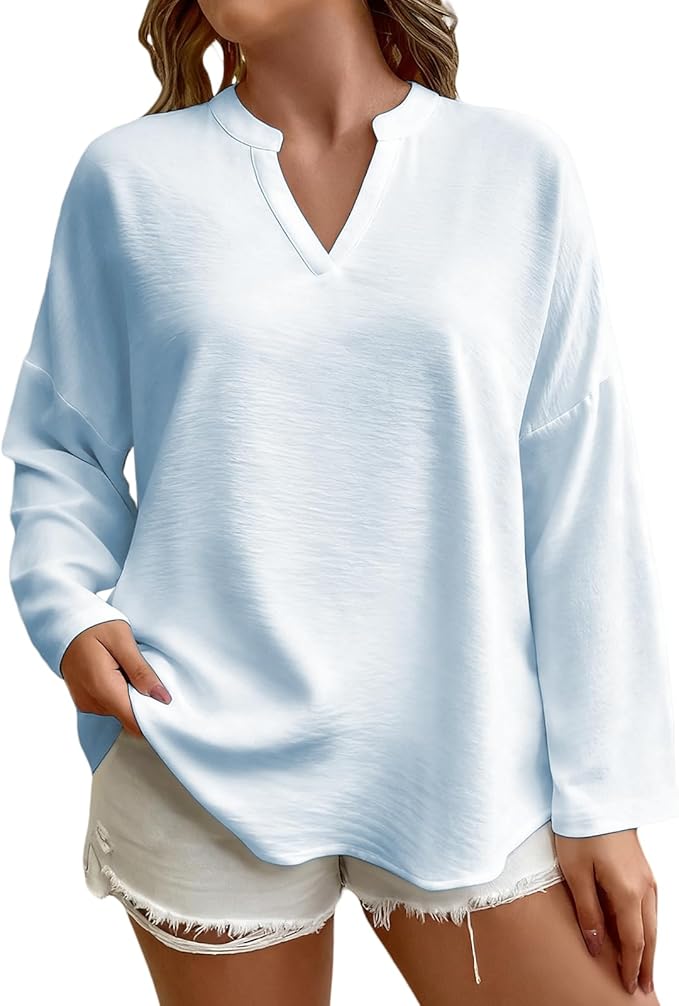 Elegant Shirts for Women Solid Color Long Sleeve V Neck Blouses Loose Comfy Business Work Casual Pullover Tops