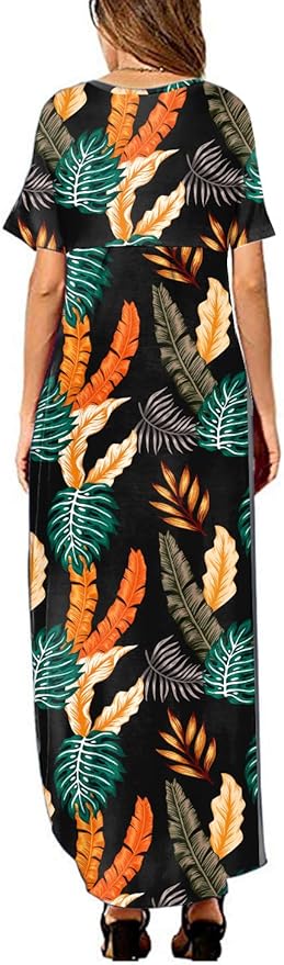 Arolina Women's Summer Maxi Dress Short Sleeve V Neck Casual Loose Long Beach Split Dresses with Pockets