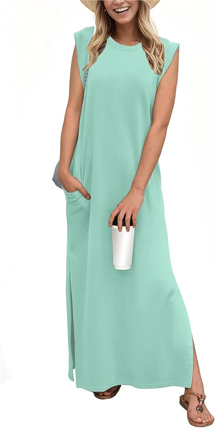 GRECERELLE 2026 Women Year-Round Casual Round Neck Loose Split Wrinkle-Free Long Maxi Vacation Dress with Pockets (XXS-4XL)