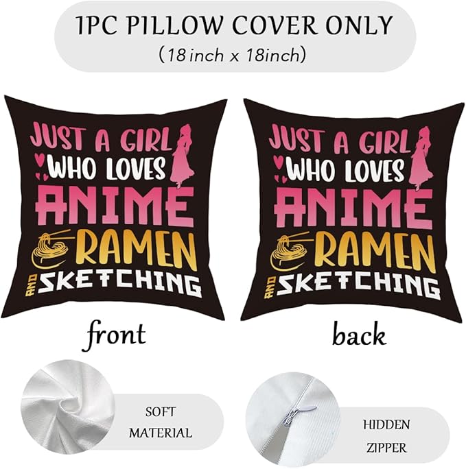 NGLIV Anime Decor, Just a Girl Who Loves Anime Ramen Anime Room Decorative Throw Pillow Covers, Girls Anime Gifts Anime Lovers for Home Living Room Girl Women Bedroom Decoration Gifts Black
