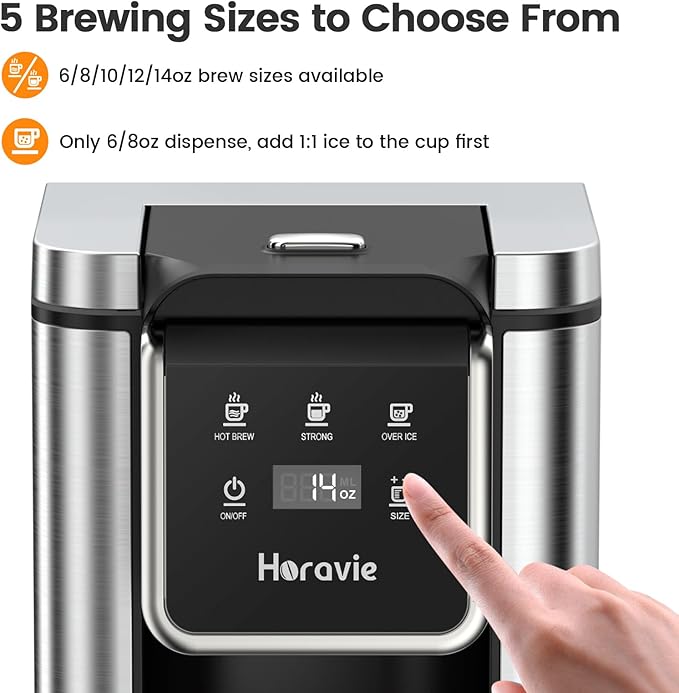 Horavie Single Serve Coffee Maker for K-Cup Pod and Grounds, Hot and Iced Coffee Maker, 6 to 14oz Brew Sizes, 50oz Removable Reservoir, Strong Button Feature, Fit 6.5" Mugs, Stainless Steel, Black