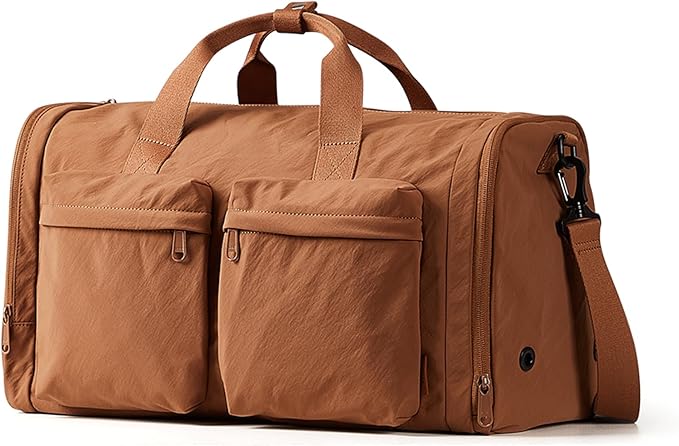 Aji Foldable Travel Duffel Bag for Women with Shoes Compartment, 3 in 1 Carry on Gym Bag with Removable Dry Wet Bag, Lightweight&Water Resistant Duffel Bag for Travel,Sports&Workout, Warm Brown