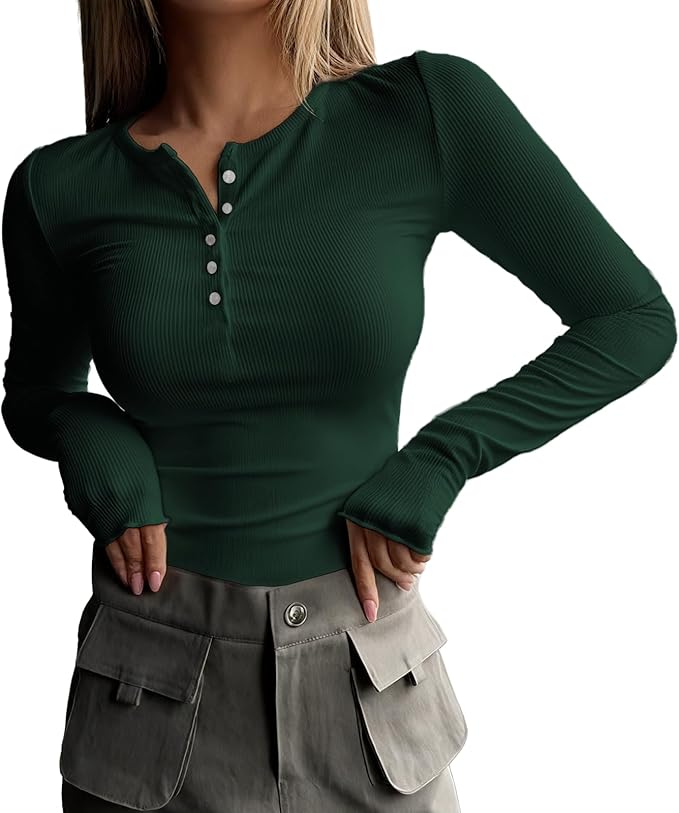 MARSVOVO Fashion Crop Tops for Women Scoop Neck Button Comfy Ribbed Slim Fit Cute Shirts Casual Party Fall Tops