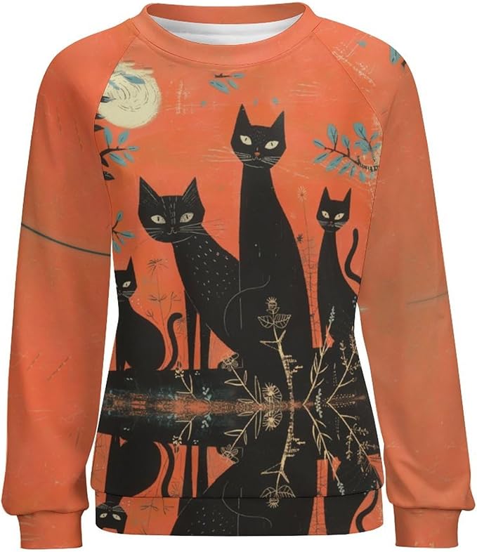 Spatofa Womens novelty funny cat printed crewneck sweatshirt casual loose long sleeve graphic pullover sweatshirts tops