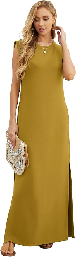 GRECERELLE 2026 Women Year-Round Casual Round Neck Loose Split Wrinkle-Free Long Maxi Vacation Dress with Pockets (XXS-4XL)