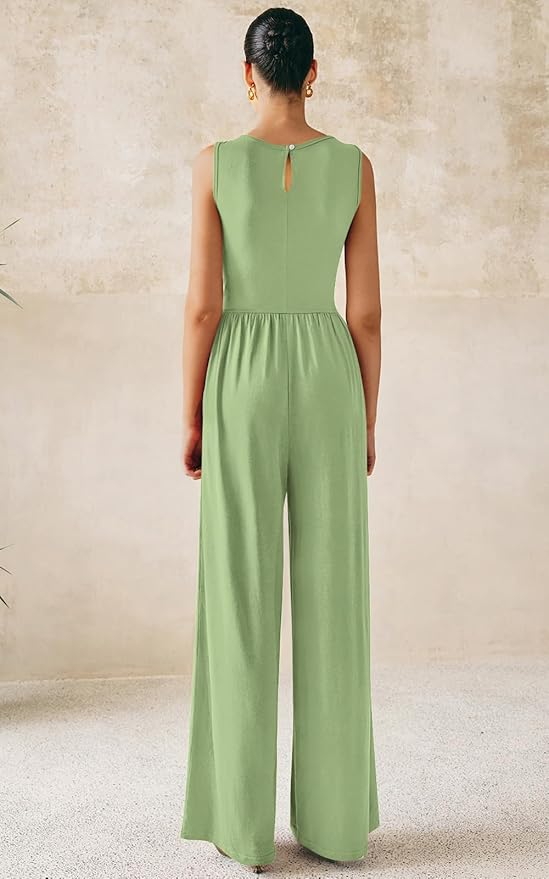 PRETTYGARDEN One Piece Jumpsuits for Women Dressy Casual Sleeveless Crewneck Wide Leg Rompers Jumpers Vacation Summer Outfits