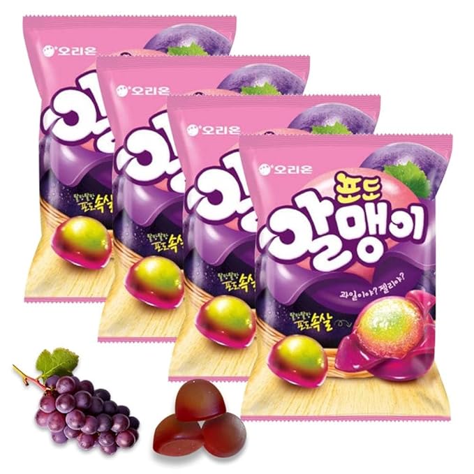 Korean Fruit Jelly Candy – Assorted Chewy Gummy Snacks – 5 Fruity Flavors (Grape, Plum, Lychee, Kiwi, Mango) – Individually Wrapped – Perfect for Kids & Adults – 알맹이젤리 (Grape–2.86oz(81g) × 4pack)