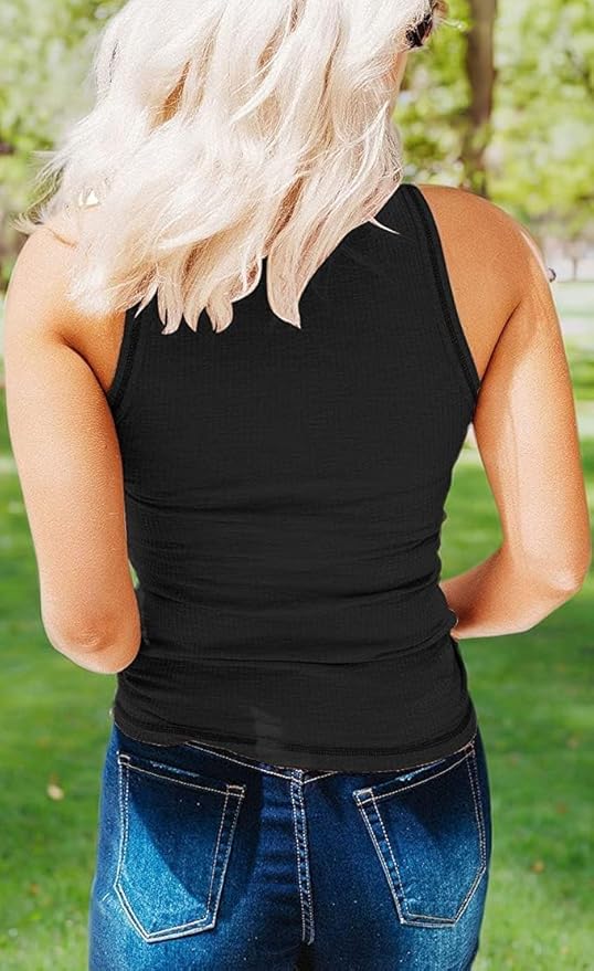 KINLONSAIR Women's Sleeveless Henley Tank Tops Ribbed V Neck Button Down T Shirts Summer Slim Fit Tee Tops