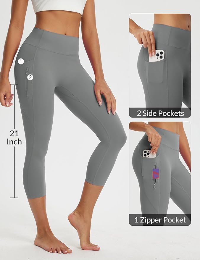 baleaf Women's Capri Leggings with 3 Pockets Tummy Control 21" Inseam Workout Capris Yoga Pants