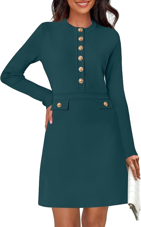 NENONA Women's 2026 Long Sleeve Fall Winter Sweater Dress Spring Fashion Button Elegant Business Casual Work Mini Dresses
