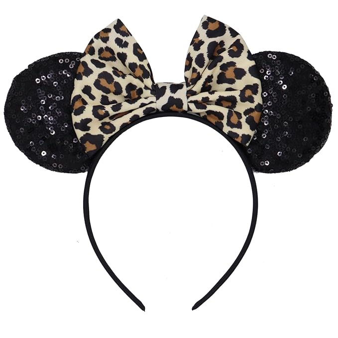 LIHELEI Mouse Ears Headband with Leopard Bows, Animal Kingdom Headbands for Halloween Costume, Party Headwear Hair Accessories for Women - Black Leopard Print