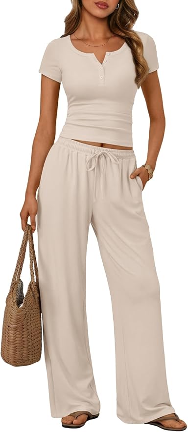 Trendy Queen Women's 2 Piece Matching Lounge Sets Summer Henley Neck Slightly Crop Top Wide Leg Pants Casual Sweat Suit