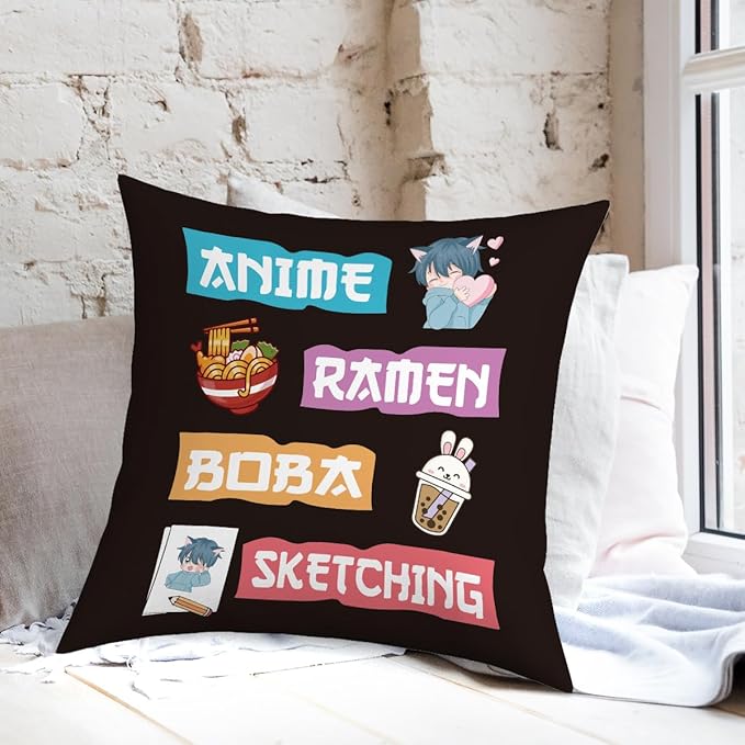 NGLIV Anime Decor, Just a Girl Who Loves Ramen Boba Sketching Room Decorative Throw Pillow Covers, Anime Lovers for Home Living Room Girl Women Bedroom Decoration Gifts