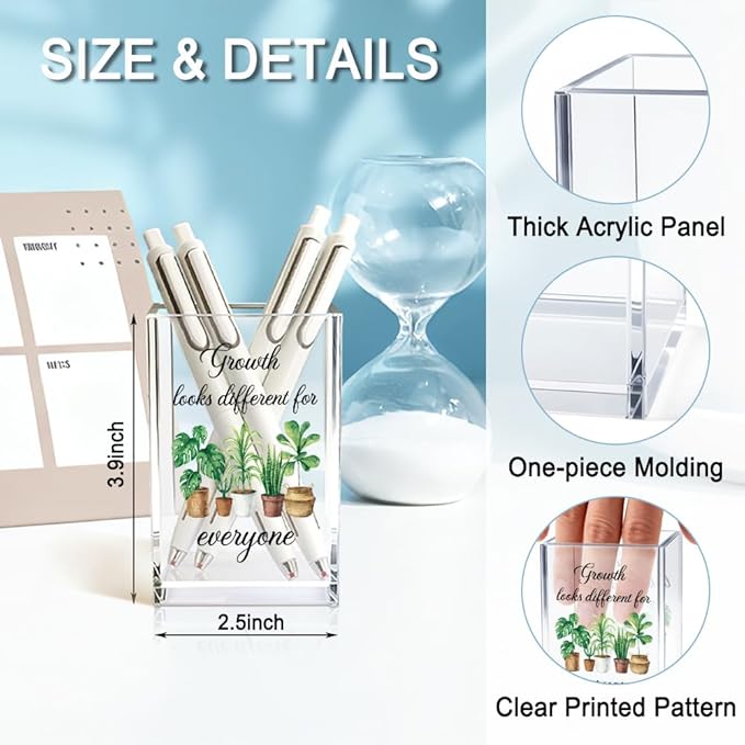 Growth Looks Different for Everyone Acrylic Cosmetic Pencil Holder Cup, Funny Plant Pen Holder for Women Teacher, Home Office Classroom Desk Accessories, Inspirational Gifts for Coworker Friend