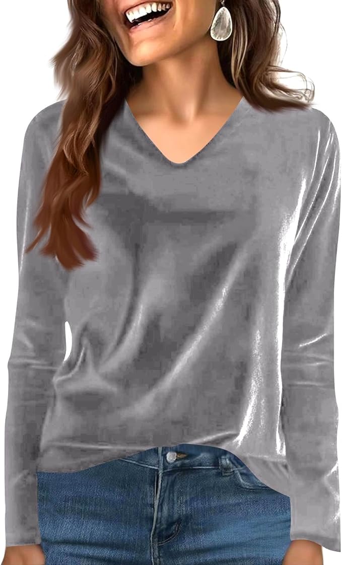 Velvet Tops for Women Dressy Casual V Neck Shirts Loose Fit Vintage Long Sleeve Velour Blouse Solid Holiday Party Outfits