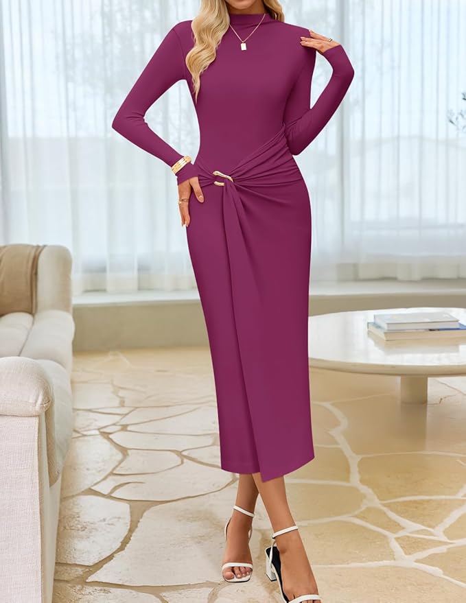 ZESICA Women's 2026 Spring Long Sleeve Bodycon Dress Mock Neck Wedding Guest Cocktail Party Long Midi Dresses