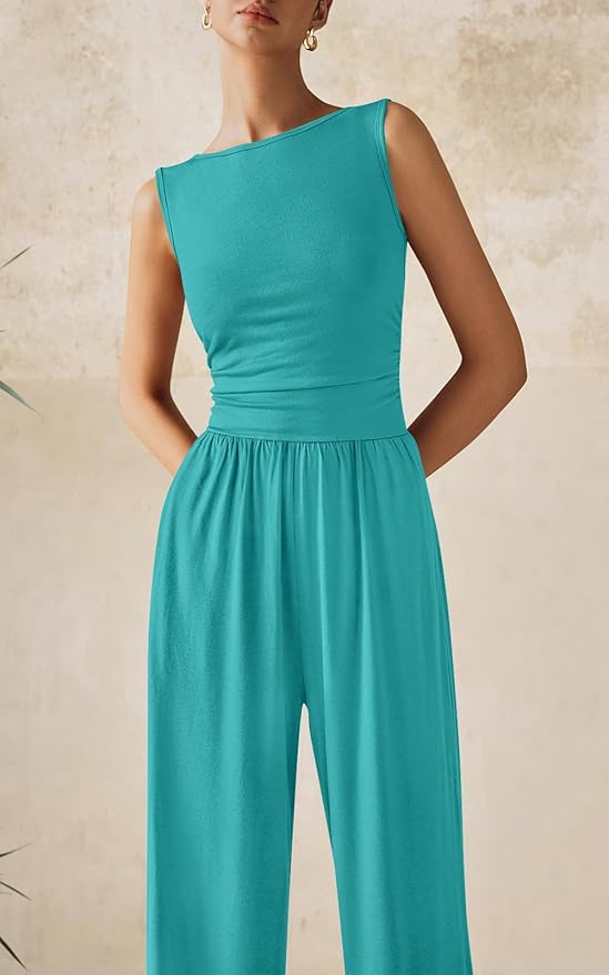 PRETTYGARDEN One Piece Jumpsuits for Women Dressy Casual Sleeveless Crewneck Wide Leg Rompers Jumpers Vacation Summer Outfits