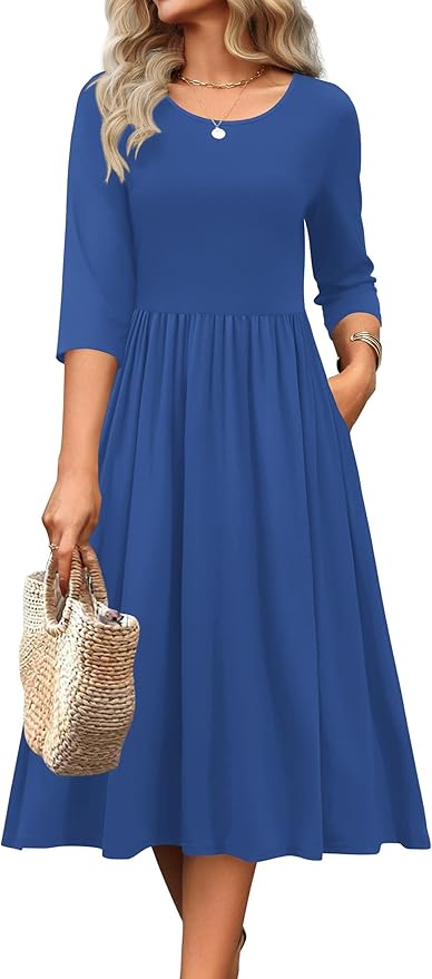 Zeagoo 3/4 Sleeve Women's Dress Casual Flowy A-Line Midi Tshirt Dresses with Pockets Crewneck Vocation Boho Beach Sundress